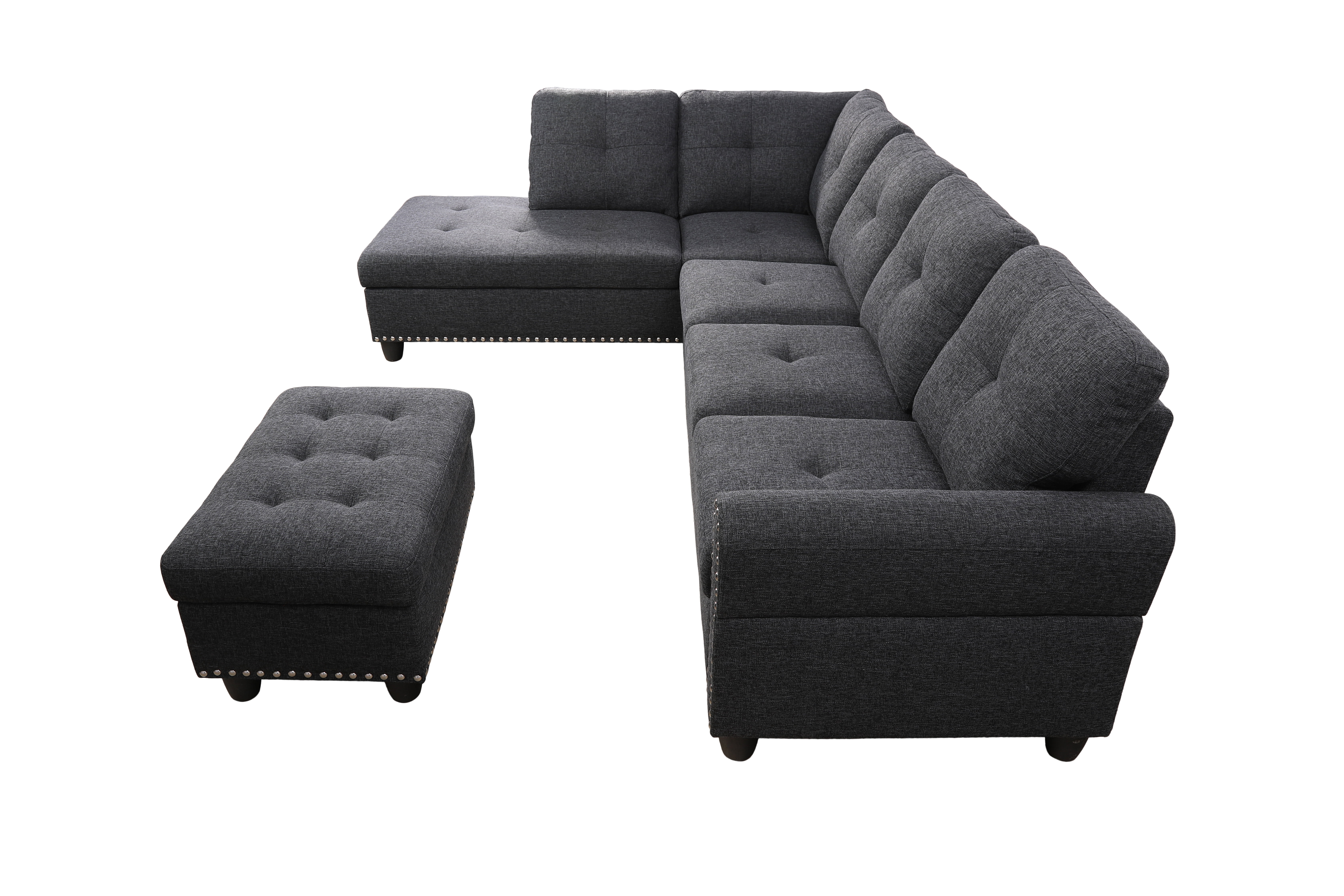 Gewnee L-Shaped Sofa & Chaise Sectional, Linen Blend Fabric Upholstered Couch with Storage Ottoman, Nailhead Trim and Toss Pillows for Living Room Apartment, Charcoal Grey