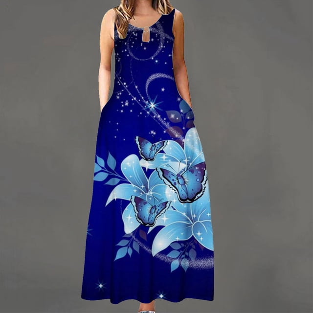 Fankiway Robe d'Été Sans Manches à Col Rond avec Poche Imprimée pour Femmes Grande Taille