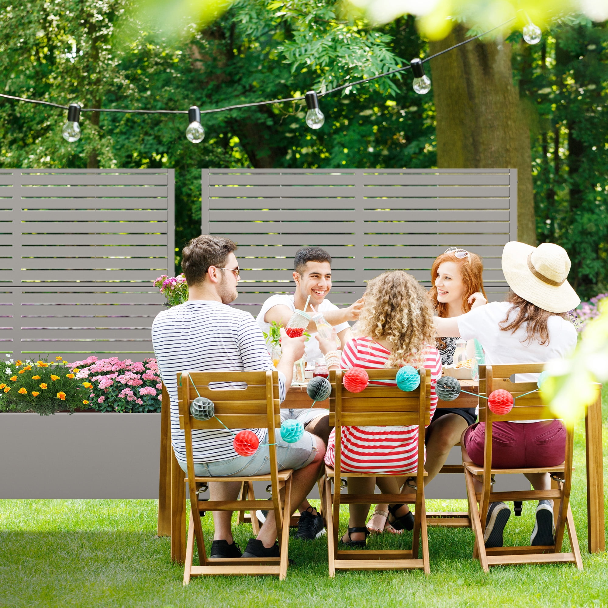 MAYEERTY 47.2"×47.2"×15.7" Gray Iron Planter Box with Trellis - Louvered Design, Perfect for Patio Greenery