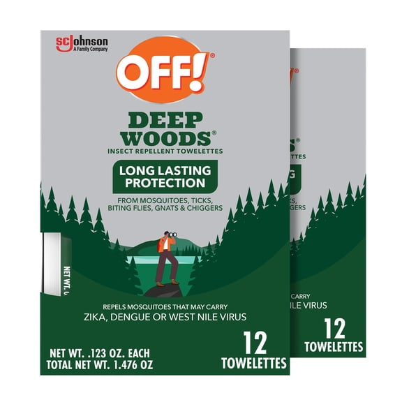 OFF! Deep Woods Insect Repellent Towelettes Mosquito and Tick Protection Wipes 12 Count (Pack of 2)