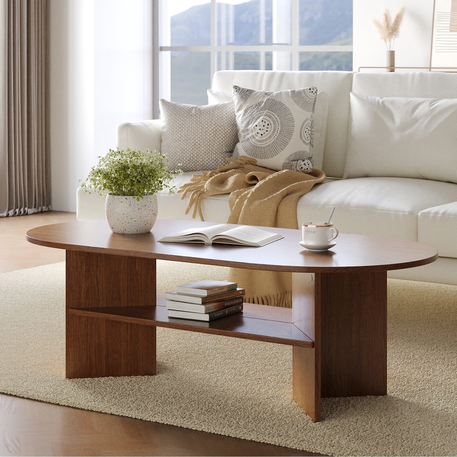 Gelloan 47" Modern Coffee Table,Oval Coffee Table,Double-layer Coffee Table with Sturdy Pedestal for Apartment,Living Room,Bedroom,Walnut