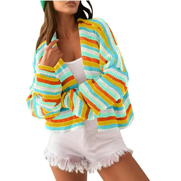 Striped Cardigan Sweater for Women Long Sleeve Chunky Knitted Coat Orange S