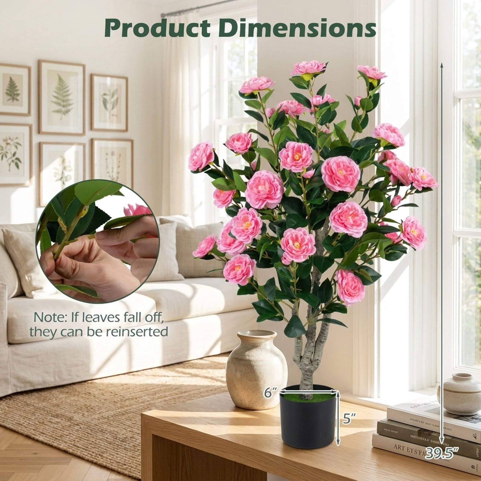 Vebreda Artificial Plant Decor, Set of 2 39.5" Artificial Camellia Tree with Orange Blossoms in Cement Pot for Decoration, Selected Materials