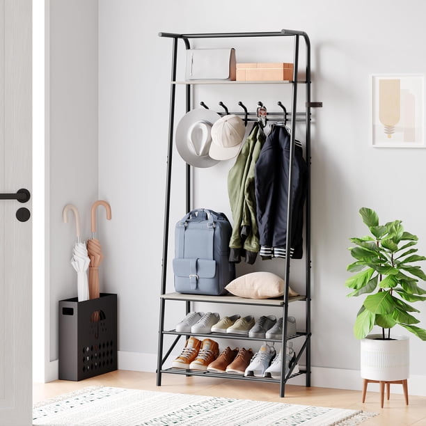 Idealhouse Perchero Banco De Zapatos Con 5 Ganchos Pasillo Árboles Banco De Entrada Con Almacenamiento Muebles De Aspecto De Madera Con Marco De Metal Para Entrada Sala De Estar Dormitorio