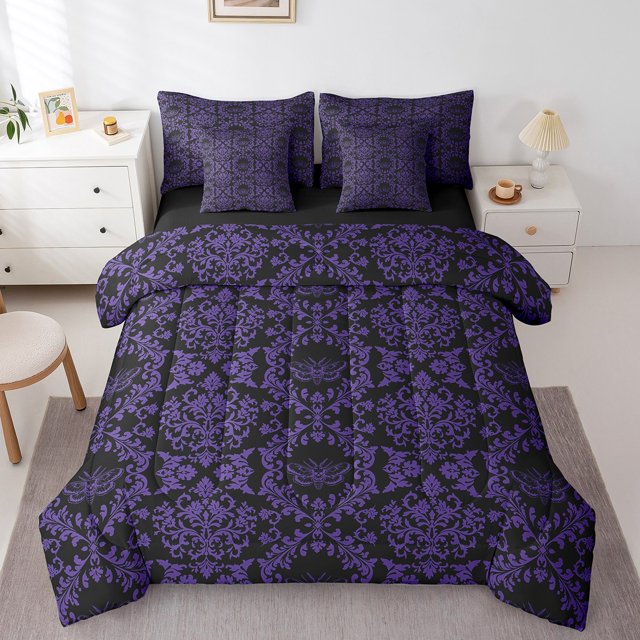 Erosebridal Ensemble de Literie Boho Noir Violet Damas Taille Grand, Ensemble de Lit Baroque Victorien, Décoration de Chambre à Coucher Papillon, Réversible 7 Pcs