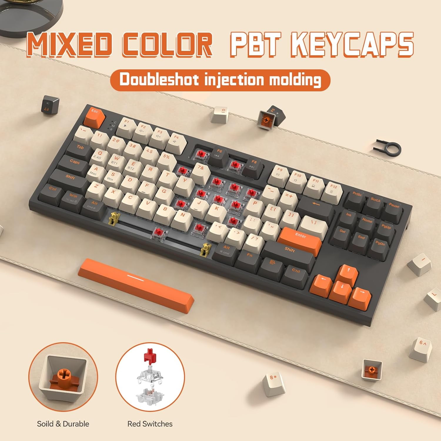 ZIYOULANG M88 Wireless Gaming Keyboard, Hot Swappable TKL Mechanical Keyboard, Bluetooth/2.4Ghz Dual Mode Connect, Type C/USB A 2-in-1 Receiver, 87 PBT Keycaps Red Switch for PC/MAC - Grey & Orange