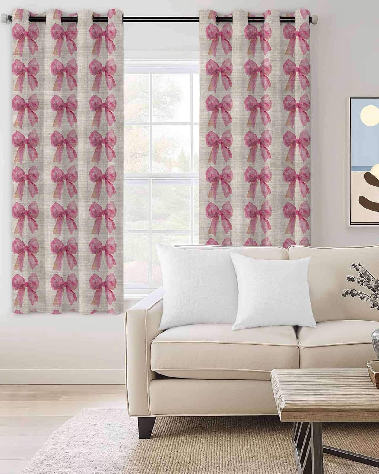 Pink Bow Blackout Curtains 72 Inch Length Vintage Spring Retro Bow Plaid Linen Texture Farm Thermal Insulated Window Curtain Window Drapes 2 Panels for Bedroom Living Room 52"Wx72"L