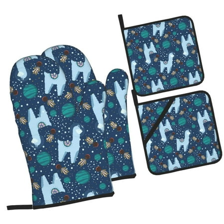 

Pofeuu Alpaca Astronaut in Space Print Oven Mitts and Pot Holders 4 pcs Set High Heat Resistant 500 Degree Extra Thicken Long Kitchen Cotton Oven Glove for Cooking