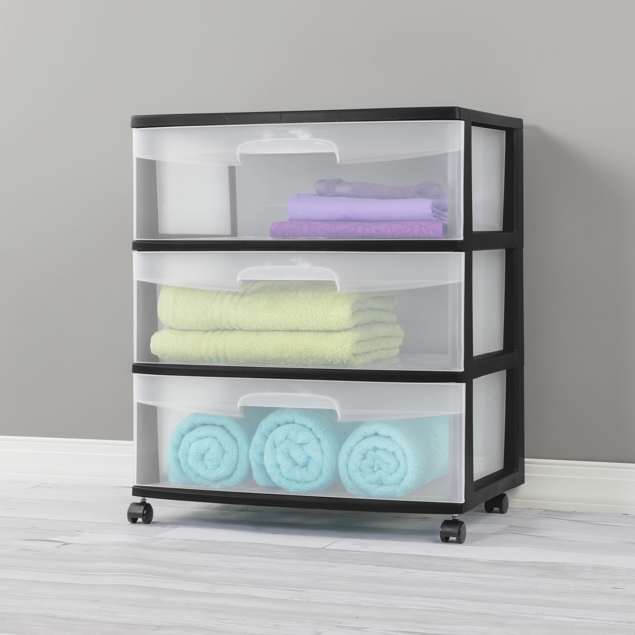Sterilite 3 Drawer Wide Cart, Clear Plastic Storage Drawers, Wheels Included, Black