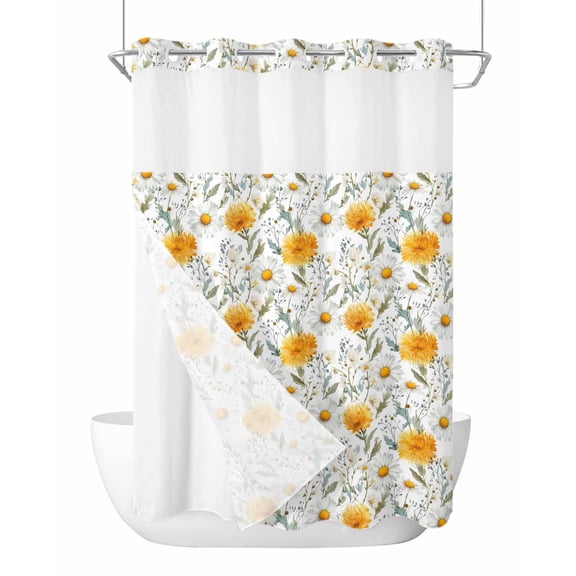 No Hook Shower Curtain with Snap-in Liner, Spring Daisy Waterproof Fabric Bathroom Curtains, Country Watercolor Yellow White Floral Leaf Bath Curtains & Mesh Top Window Stall 48"x72"