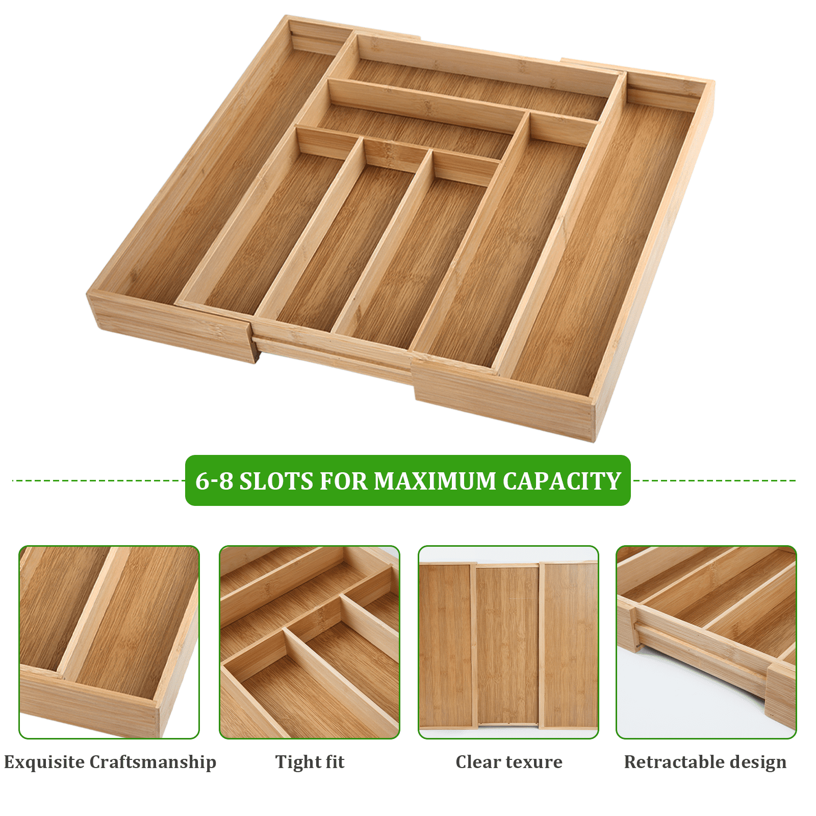 KitchenTrend Bamboo Expandable Drawer Organizer for Kitchen - Adjustable Utensil Tray 6-8 Slots