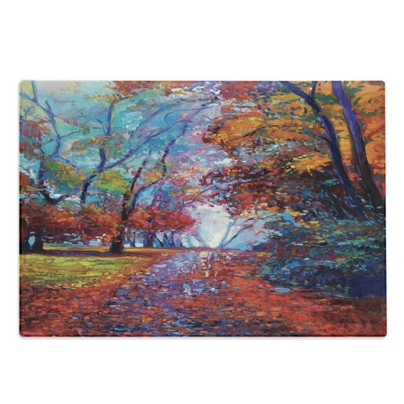 Country Cutting Board, Colorful Paint of Park in Fall View of the Earth in Oil Painting Style Print, Decorative Tempered Glass Cutting and Serving Board, Large Size, Multicolor, by Ambesonne