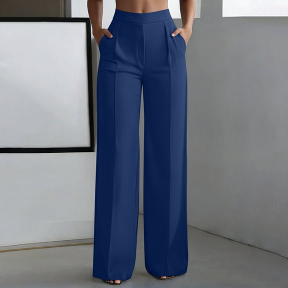 CQONEPT Dress Pants for Women High Waist Office Slack Wide Leg Business Casual Trousers with Pocket Navy 2XL