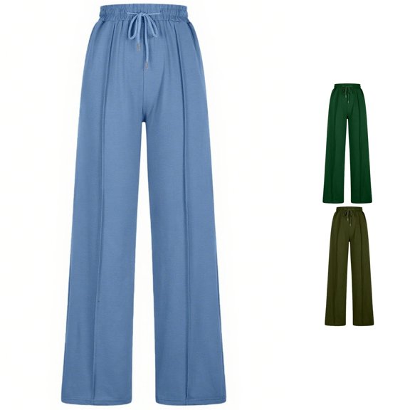 Huowey Women'S Casual Pants Baggy Wide Leg High Waist Pants With Pocket Drawstring Daily Trendy Travel Trousers,Blue,L
