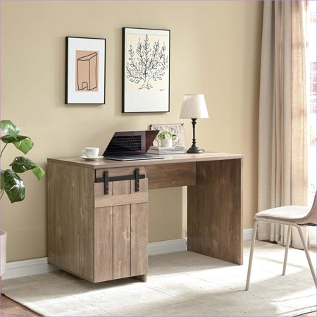 Home Office Desk Farmhouse 47.25” Wide with Faux Barn Door Storage Hazelnut | Light Brown | Particle Board+MDF