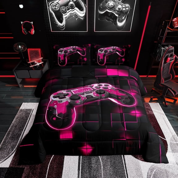Gaming Comforter Sets Twin Hot Pink and Black Gamer Bedding Set Gaming Room Decor,Neon Abstract Geometric Bedding Comforter Sets Video Game Controller Quilt Bed Set 2Pcs