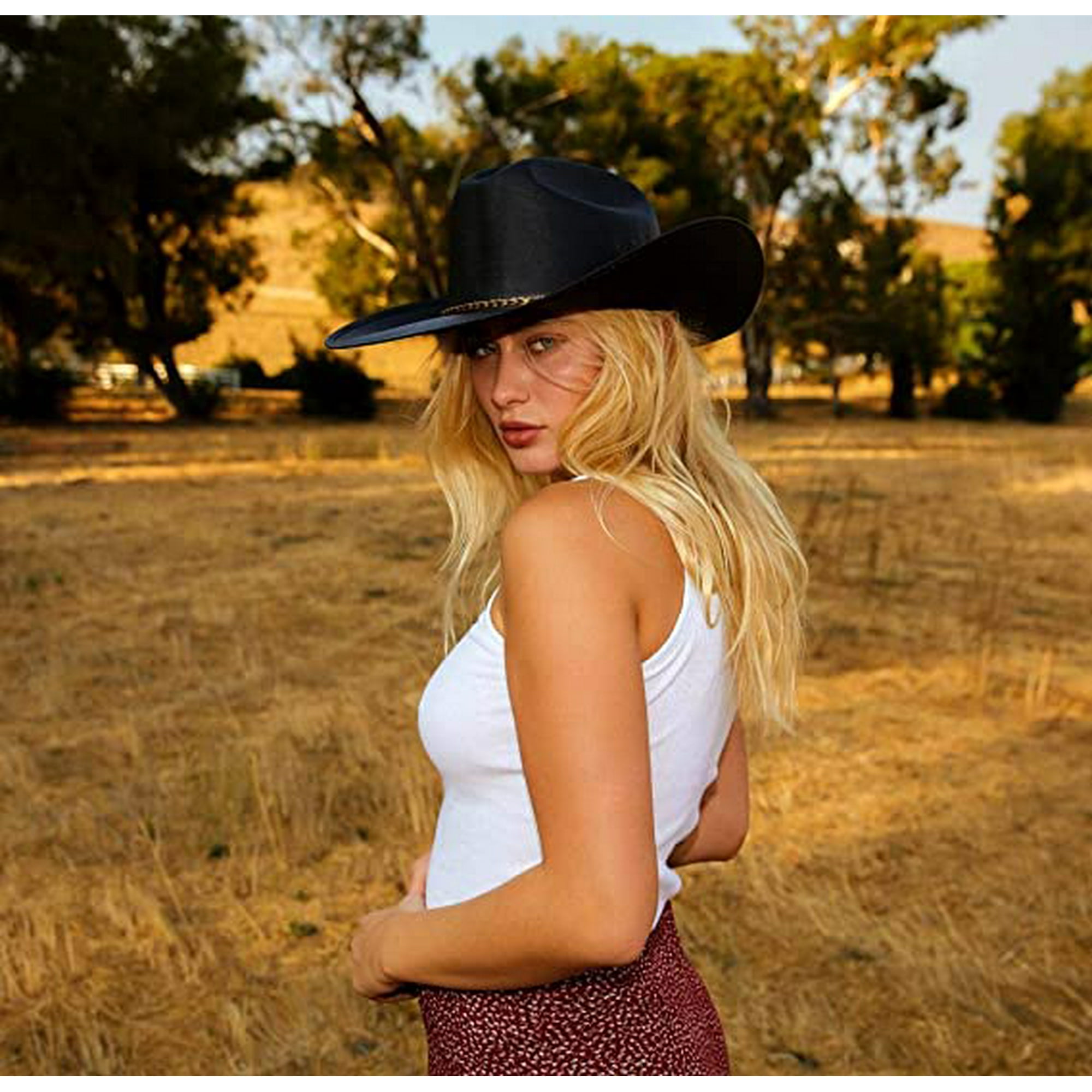 Hongchun Western Cowboy Cowgirl Hat Pinch Front Wide Brim Style