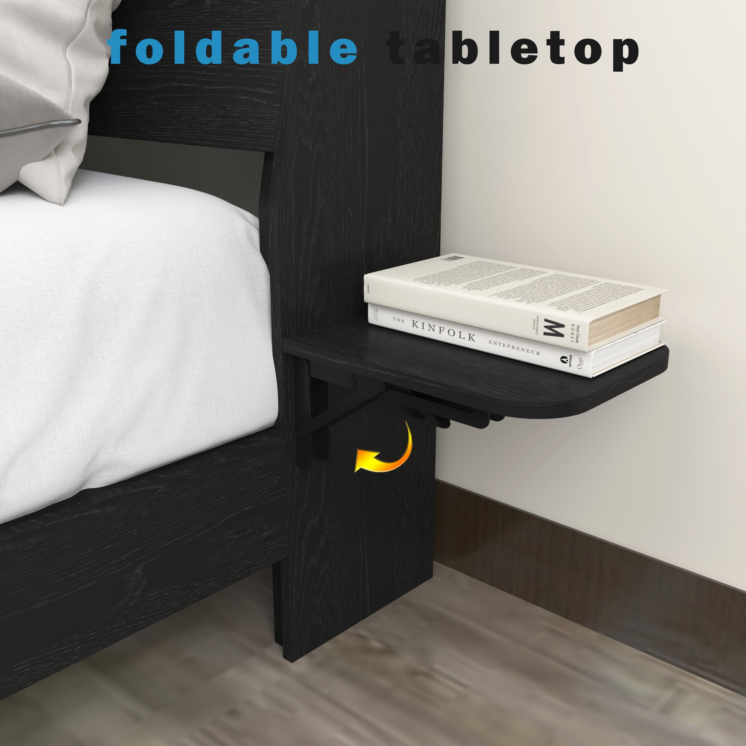 Miniyam Queen Floating Bed Frame with RGB LED Lights, Storage Headboard & USB Charging Station, Black