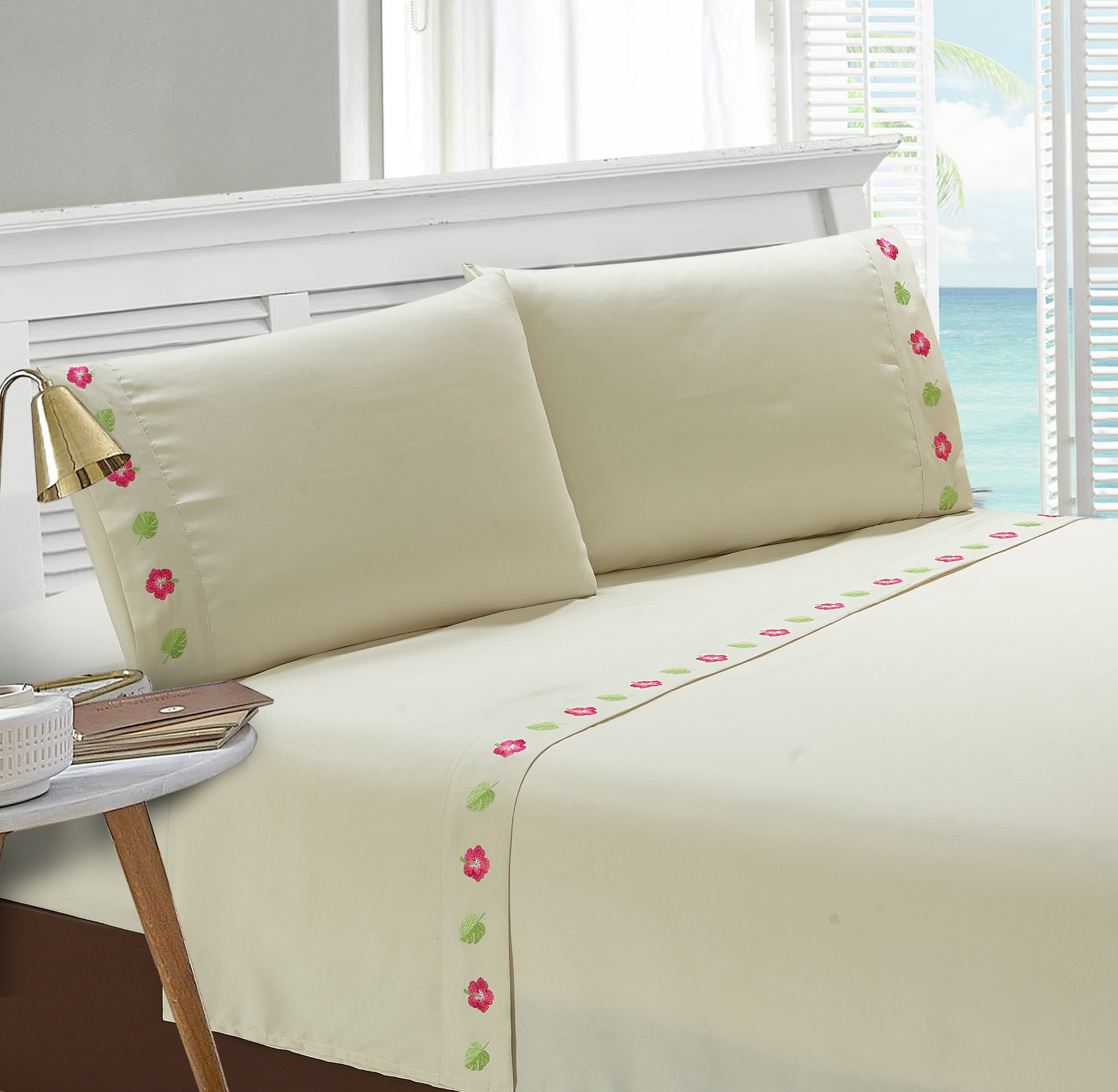 Embroidered Palms and Flowers Sheet Set Full