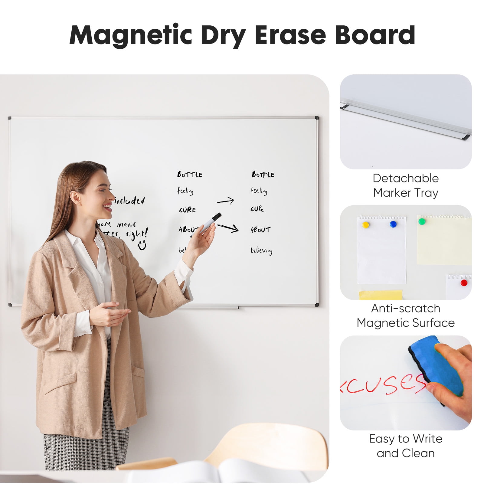 Gianna 36 X 24 inches Magnetic Dry Erase Board with Aluminum Frame, Whiteboard for Home，School，Office