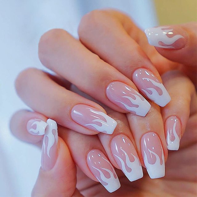 Uñas postizas de bailarina brillante, uñas postizas de ataúd medio, nPink Stick On Nails con pegamento, 24 uds, prensa acrílica de fuego en puntas de uñas para mujeres y niñas JFHHH pequeña