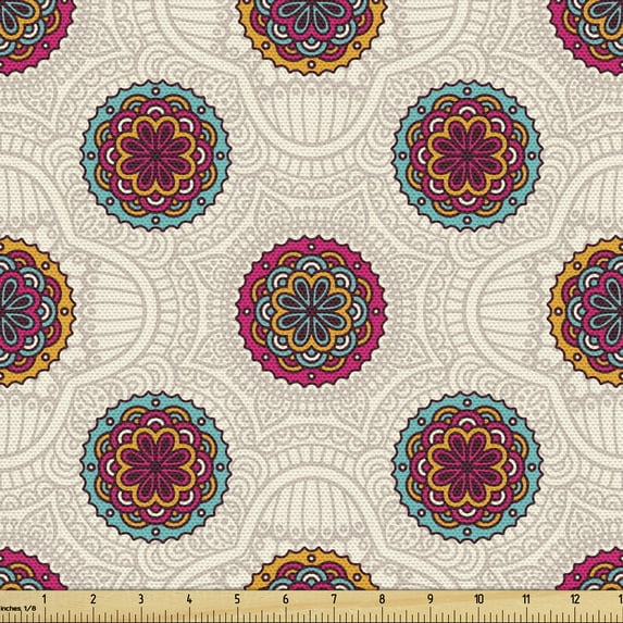 Mandala Fabric by the Yard, Abstract Floral Ornaments in Lively Colors Bohemian Style Eastern Motifs, Upholstery Fabric for Dining Chairs Home Decor Accents, 10 Yards, Multicolor by Ambesonne