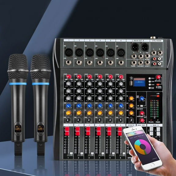 Professional Digital 6-Channel Audio Mixer with Bluetooth, 48V Phantom Power, Built-in Music Modes, and LCD Display