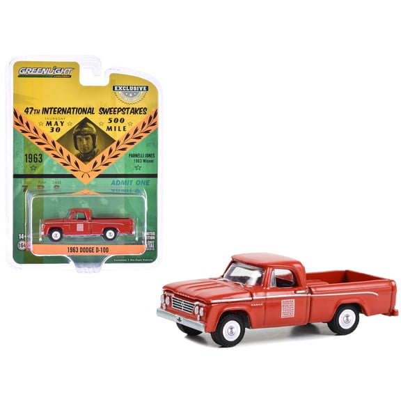 1963 Dodge D-100 Pickup Truck "47th International 500 Mile Sweepstakes - Indianapolis 500 Official Truck" Red "Hobby Exclusive" Series 1/64 Diecast Model Car by Greenlight