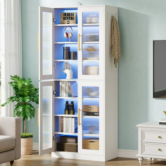 Fnova 66.93" Bookcase with Doors, 8 Tier Storage Cabinet with LED Lights for Living Room, Bedroom, Study, White