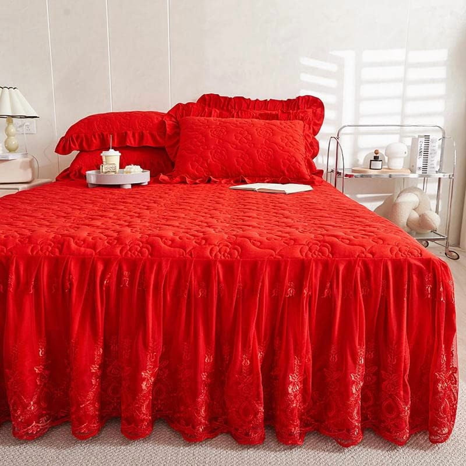 Flower Pattern Quilted Brocade Cotton Bedspread with Lace Ruffled Bed Skirt, Queen Size, Light Turquoise