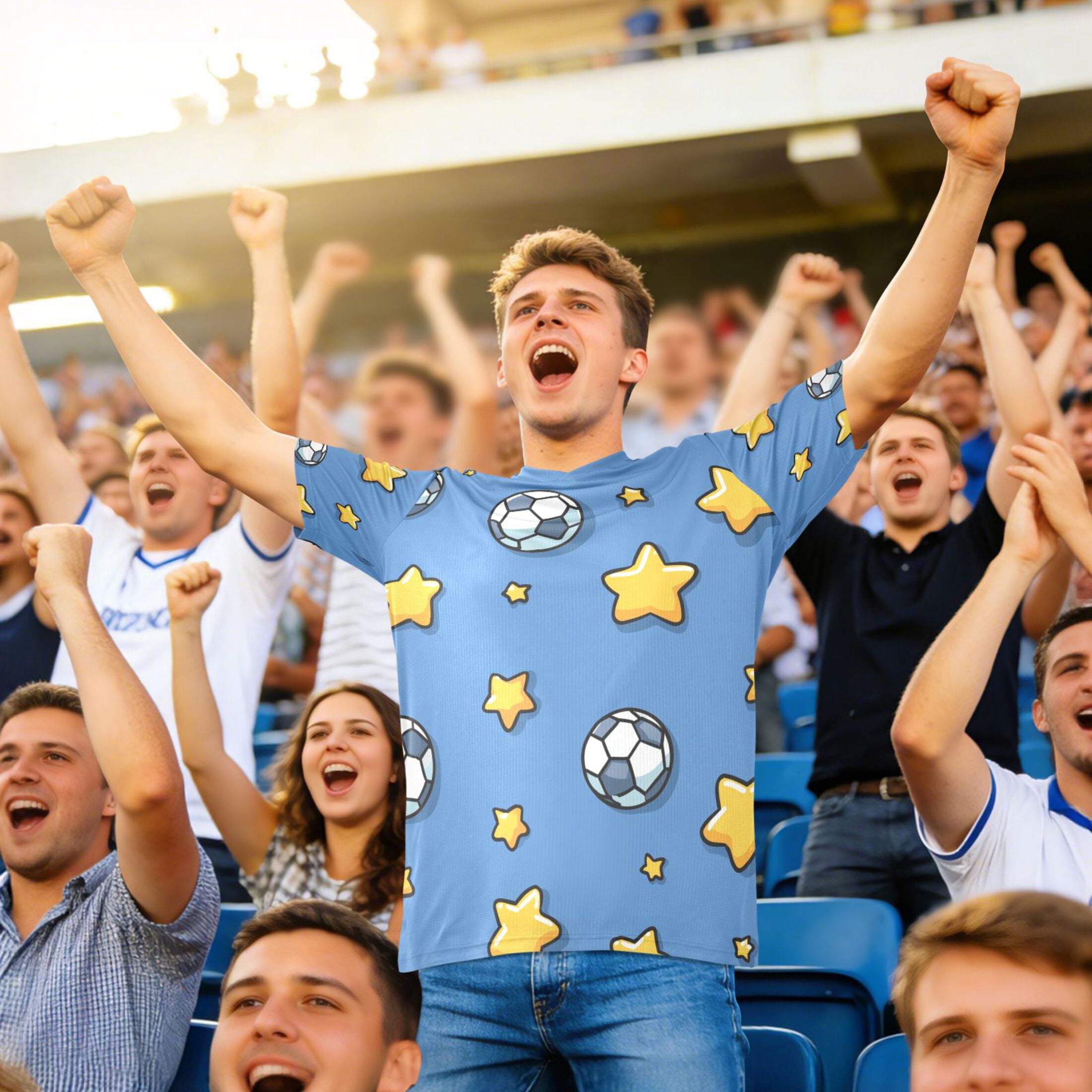 Footballs and Yellow Stars Cartoon Men's Sports Jerseys Athletic T-Shirt Football Referee Short Sleeves Shirt L