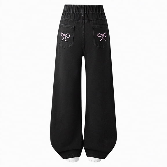 Hessimy Girls Jeans Y2K Elastic Waist Wide Leg Baggy Loose Denim Pants Trousers Streetwear Washed(Black,9-10 Years)