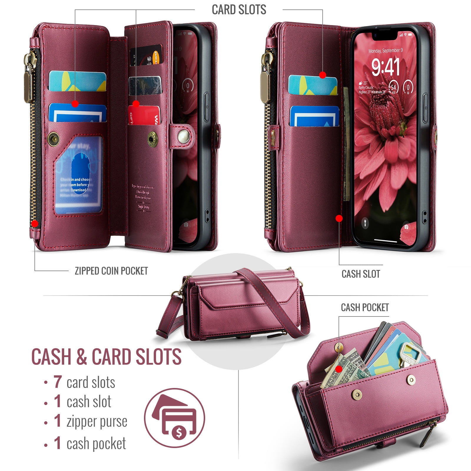 Compatible with iPhone 16e/SE 2025/SE 4 Zipper Wallet Phone Case Tempered Glass Screen Protector Crossbody Lanyard Strap Flip Card Holder Slot Cell Cover for i Phone16e i16e 16 e SE4 Women Wine Red