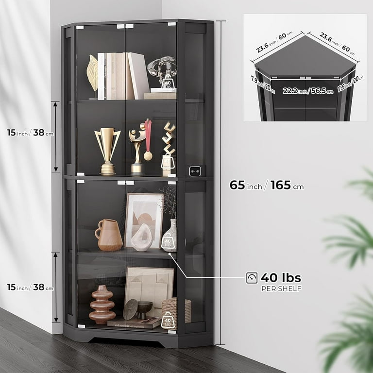 Corner Display Cabinet with Glass Doors 65 Lighted Curio Cabinet with 3 Color Lights for Collectibles 4 Tier Display Case with Human Body Sensor