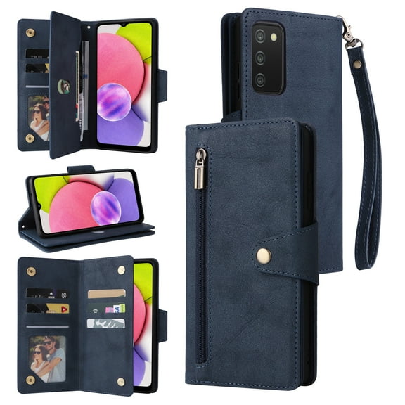 Feishell for Samsung Galaxy A03s Wallet Case with Wrist Strap,Premium PU Leather Zipper Pocket Magnetic Buckle Folio Flip ID Credit Card Slots Shockproof Kickstand Phone Case for Women Men,Blue