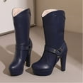 thumbnail image 5 of Blue Solid Color Mid Calf Boots For Women With Belt Buckle And Platform Heel High Heel For A Fashionable Winter Look, 5 of 6