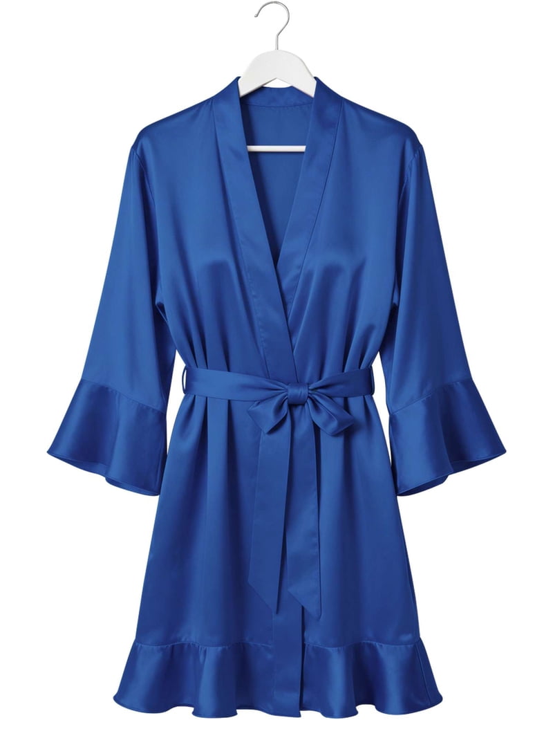 Deago Women's Satin Silky Robe Valentines Lingerie for Women Kimono Bathrobe Short Ruffle Belted Robes Bride Bridesmaids Sleepwear Dressing Gown (Navy