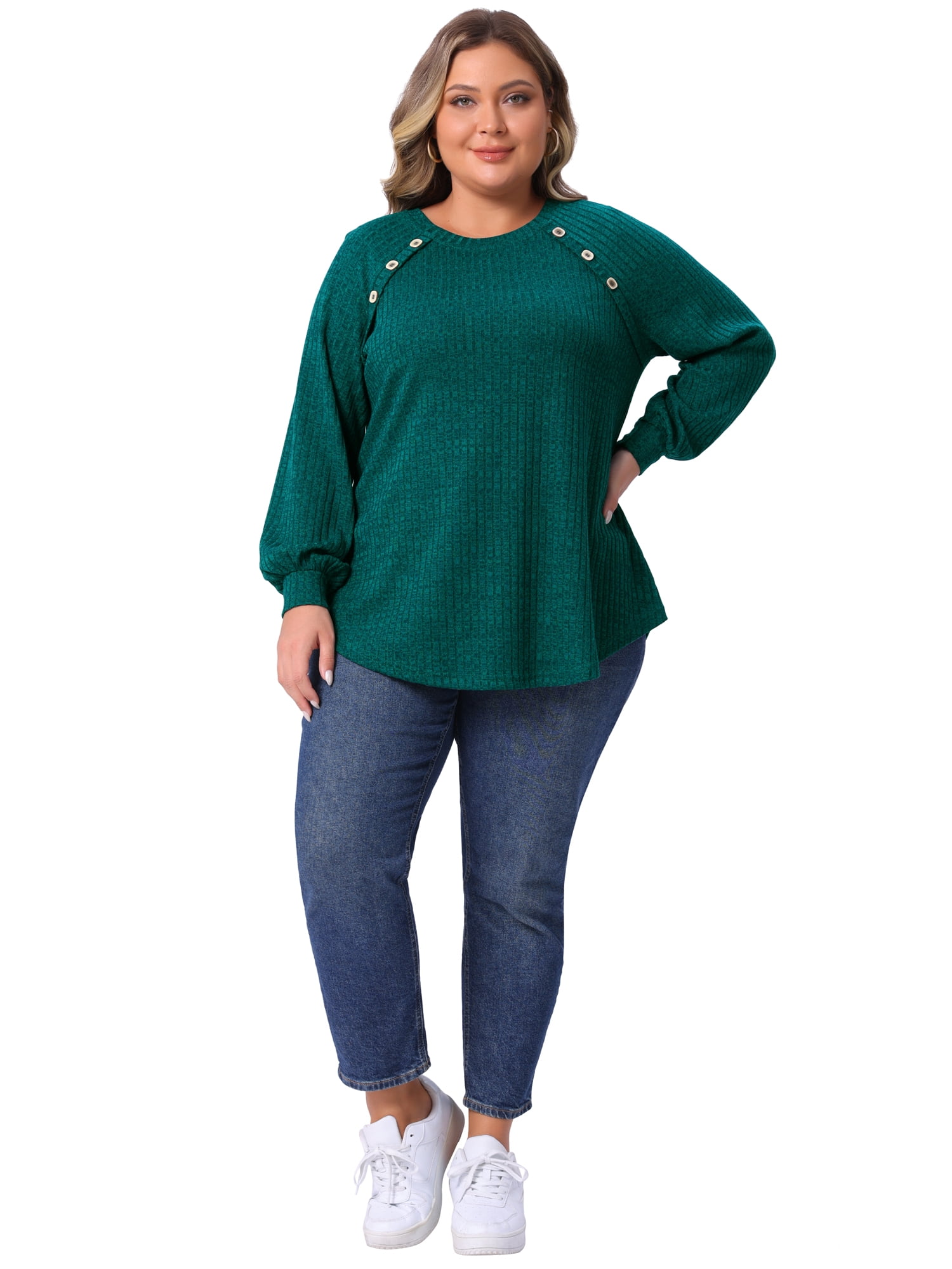 DARING DIVA Women's Plus Tops Crew Neck Button Decor Pullover Blouses 2X Green
