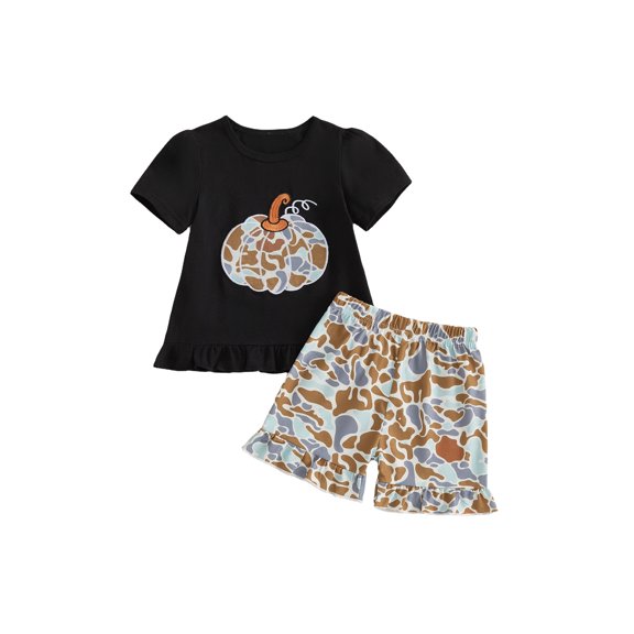Cjfdfy Toddler Baby Girl Halloween Outfit Infant Baby Girls Summer Fall Clothes 6 12 18 24 Months 2 3 4 Years Pumpkin Face Print Ruffled Trim Short Sleeve T Shirt Tops and Camouflage Shorts Set