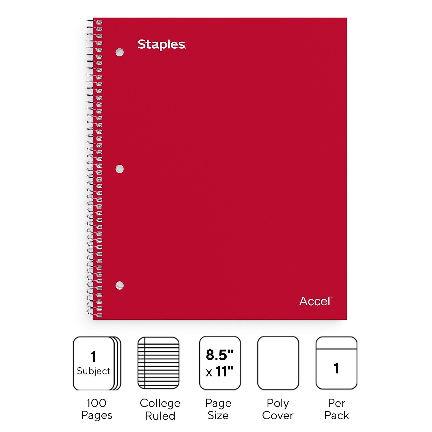 Staples Premium 1-Subject Notebook 8.5" x 11" College Ruled 100 Sheets Red 12 Notebooks/Carton
