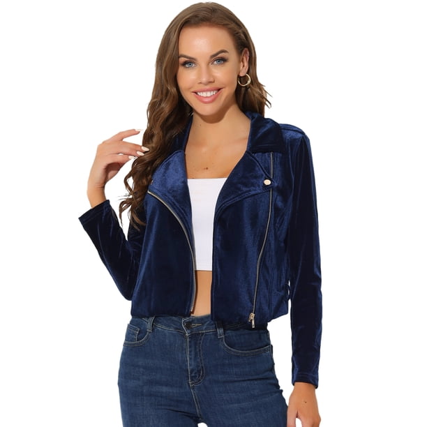 INSPIRE CHIC Chaqueta de abrigo con cuello de muescas de terciopelo Moto Biker para mujer Azul profundo XL