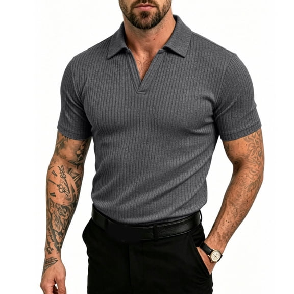 Mens Ribbed Polo Shirt V-Neck Short Sleeve Knit Summer Business Casual Stretchy Golf Shirts, XL