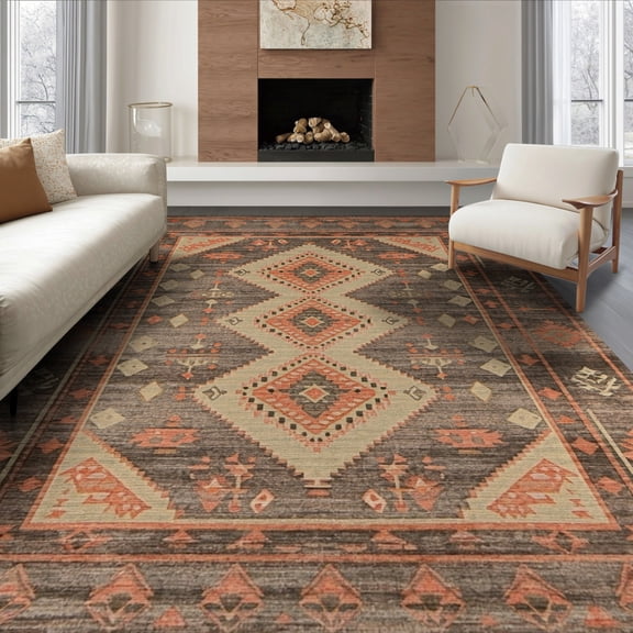 ODIKA 8'x10' Washable Area Rug Hallway Boho Vintage Faded Southwestern Distressed Ornate Border for King Size Bedroom Under Bed, Master Suite, Non-Shedding, Easy Care