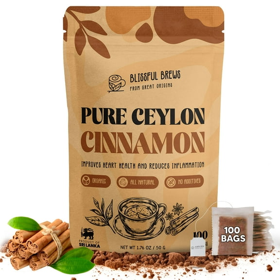 Blissful Brews Premium Ceylon Cinnamon Organic Tea Bags, (Pack of 100 Tea Bags), 100% Sourced from Sri Lanka, Natural Organic Alba Grade Powder Healthy Tea Brew