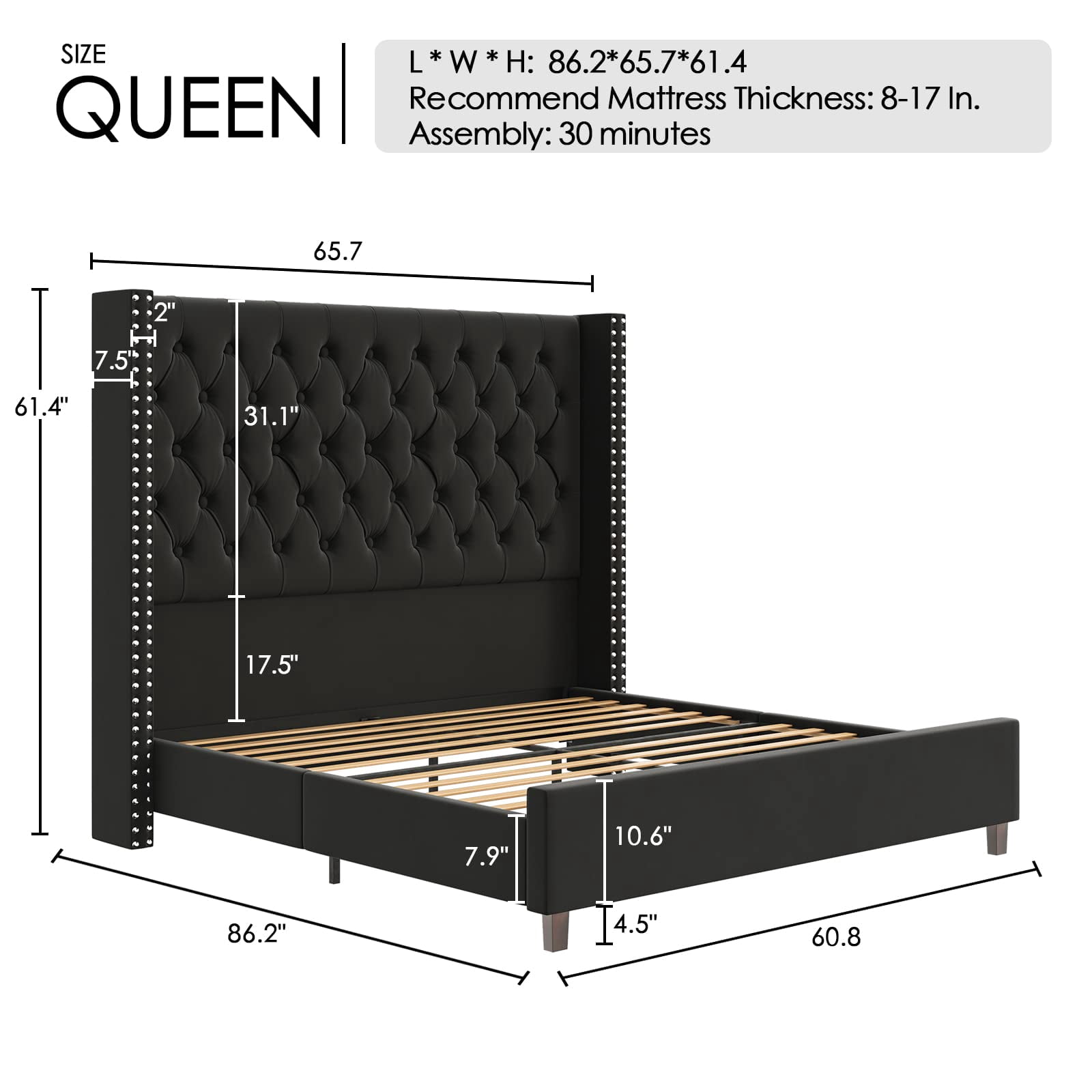 VanAcc Queen Platform Bed Frame 61.4" Handmade Headboard Velvet Tall Upholstered Bed Deep Button Tufted/Wood Slat Support/Easy Assembly/Black