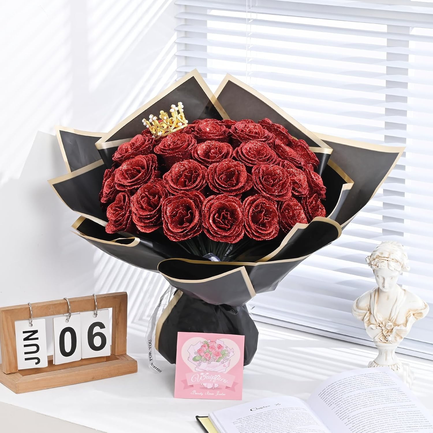 Waipfaru Glitter Roses Bouquet,24pcs Artificial Rose Flower,DIY Glitter Everlasting Rose Bouquet with Stem for Graduation,Engagement,Anniversary,Wedding