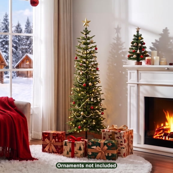 DR.Planzen 6ft Prelit Pencil Christmas Tree with 150 Warm White LED Lights, 1571 PE Branch Tips, Iron Base, Slim Artificial Christmas Tree for Apartment, Entryway, Corner, Office