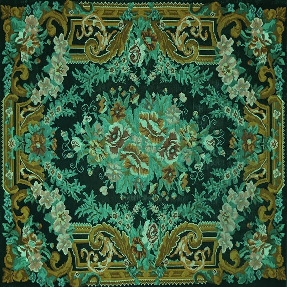 Ahgly Company Machine Washable Indoor Square Medallion Turquoise Blue French Area Rugs, 6' Square
