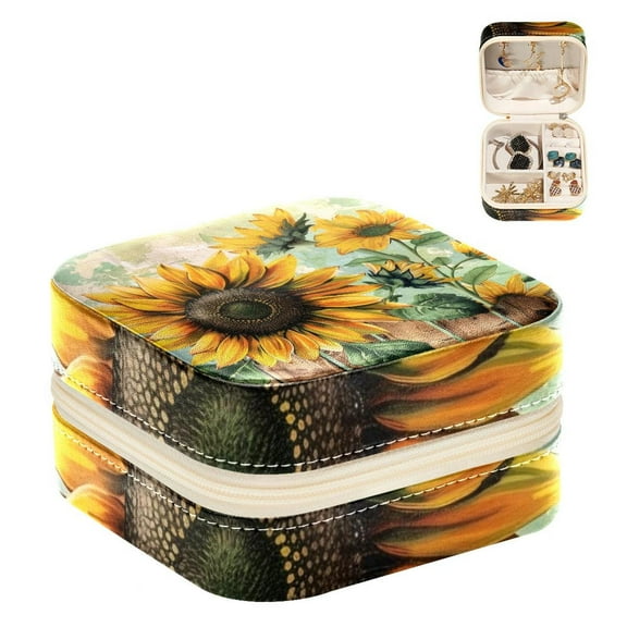 PhooArto Small Jewellery Box, Rustic Farmhouse Sunflower Pattern Portable Travel Mini Jewelry Case for Women Leather Ring Organizer