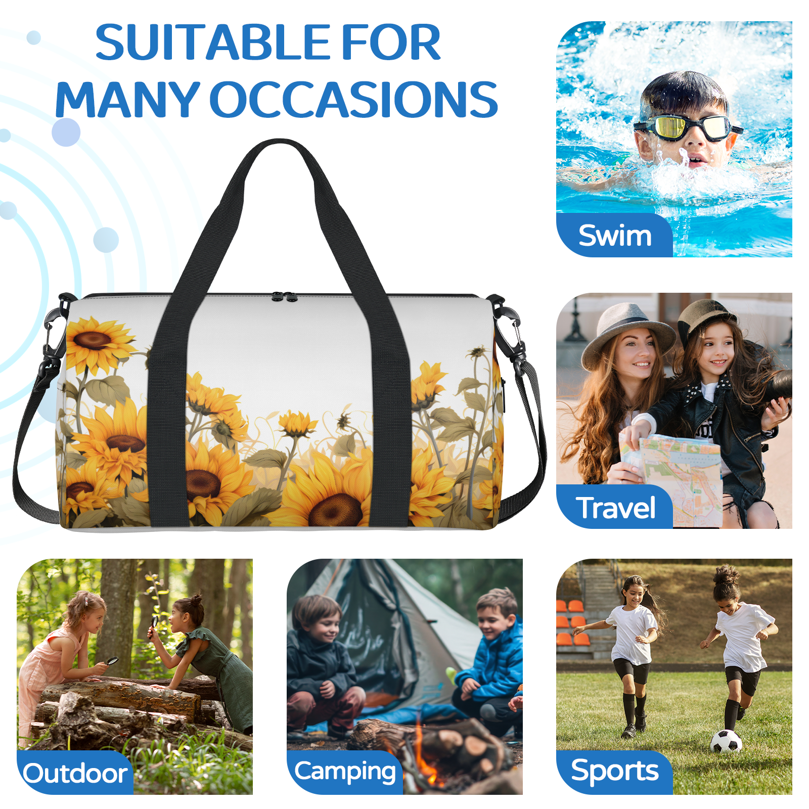Herdesigns Sunflwer Summer Gym Bag for Women, Duffle Bag for Travel Sport, Lightweight Waterproof Carry on Weekender Overnight Dance Yoga Workout Bags